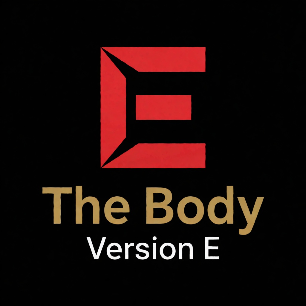 a red logo of the letter "E",  above the golden text "The Body" underneath white text "Version E",  black background on Te...