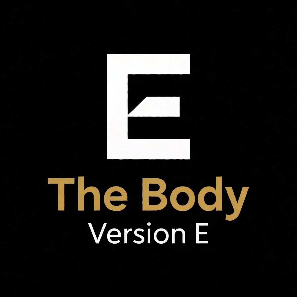 a white logo of the letter "E",  above the golden text "The Body" underneath white text "Version E",  black background on...