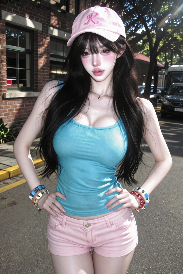 A casual street style photo of a young beautiful Asian woman wearing a pink baseball cap,  a tight turquoise **** top,  an...
