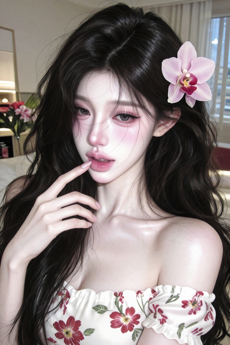 A soft and romantic portrait of a beautiful young Asian woman with long voluminous dark wavy hair,  wearing a delicate pin...