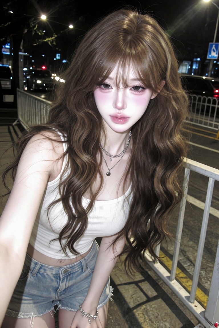 A casual nighttime photo of a beautiful young Asian woman with long wavy brown hair and soft bangs,  wearing a white ribbe...
