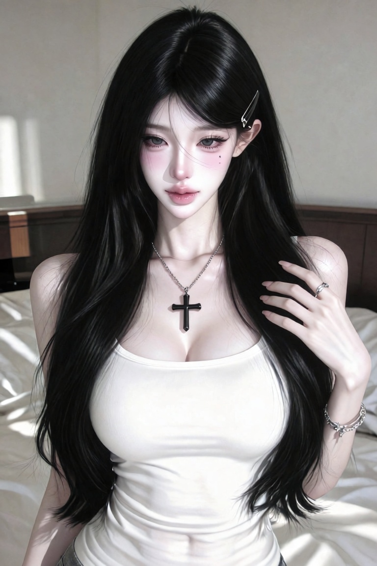 A soft,  elegant portrait of a young Asian woman with very long straight black hair,  wearing silver hair clips on both si...