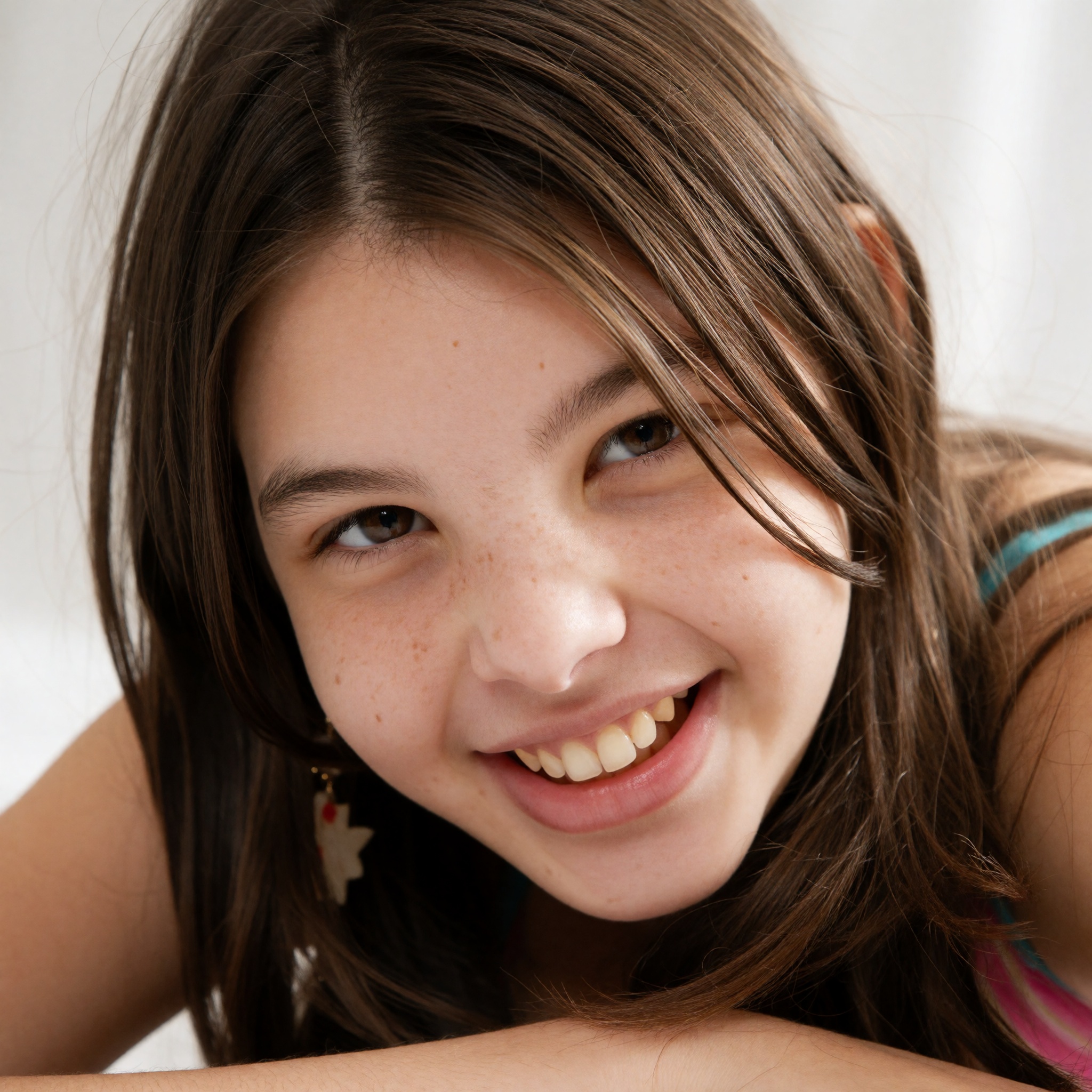 A close‑up,  photorealistic portrait of a teenage girl with messy brown hair,  lying on a plain white surface on Tensor.Art