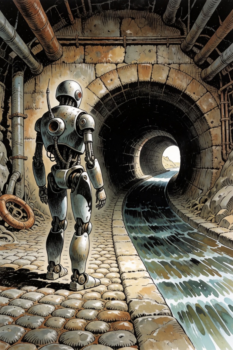 A robot standing on cobblestones beside a stream of water in an underground sewer on Tensor.Art