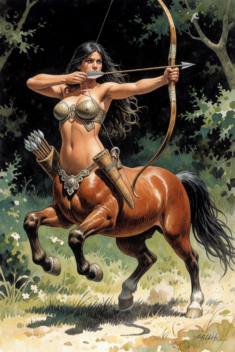 A female centaur aiming bow and arrow in a forest,  best quality,  masterpiece on Tensor.Art