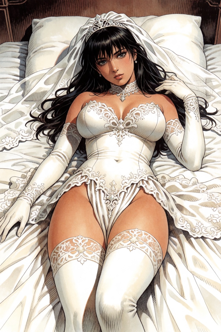 A woman in a wedding dress,  lying on a bed on Tensor.Art