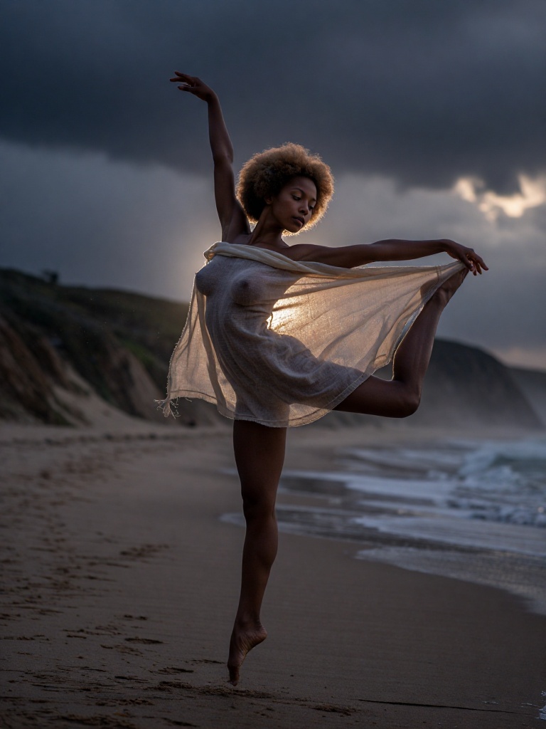 A 28-year-old black African woman with light black skin and light brown afro hair,  wearing a translucent muslin blanket o...