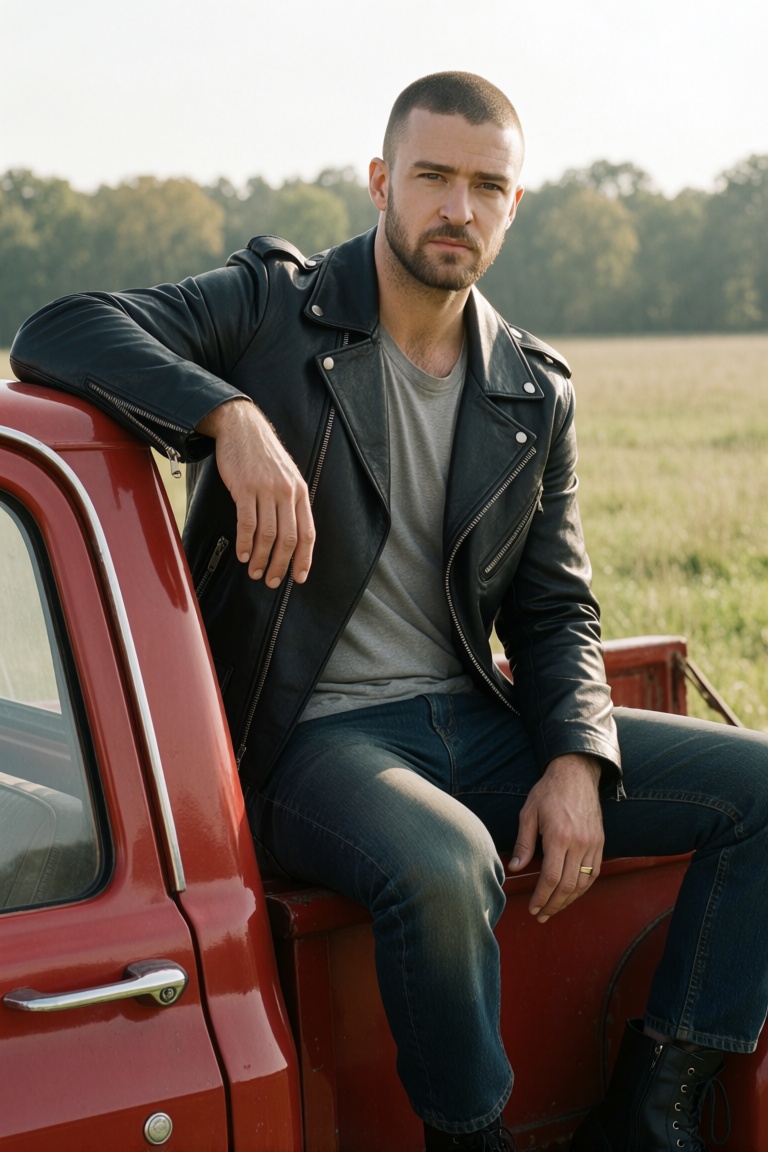 The man sits casually on the tailgate of a vintage red pickup truck in an open grassy field,  with trees visible in the di...