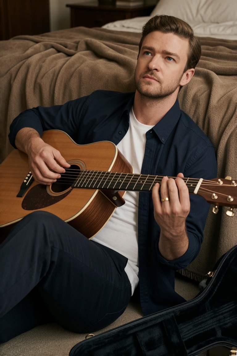 Create an image where a man sits indoors in a relaxed,  slightly reclined pose,  holding an acoustic guitar across his lap...