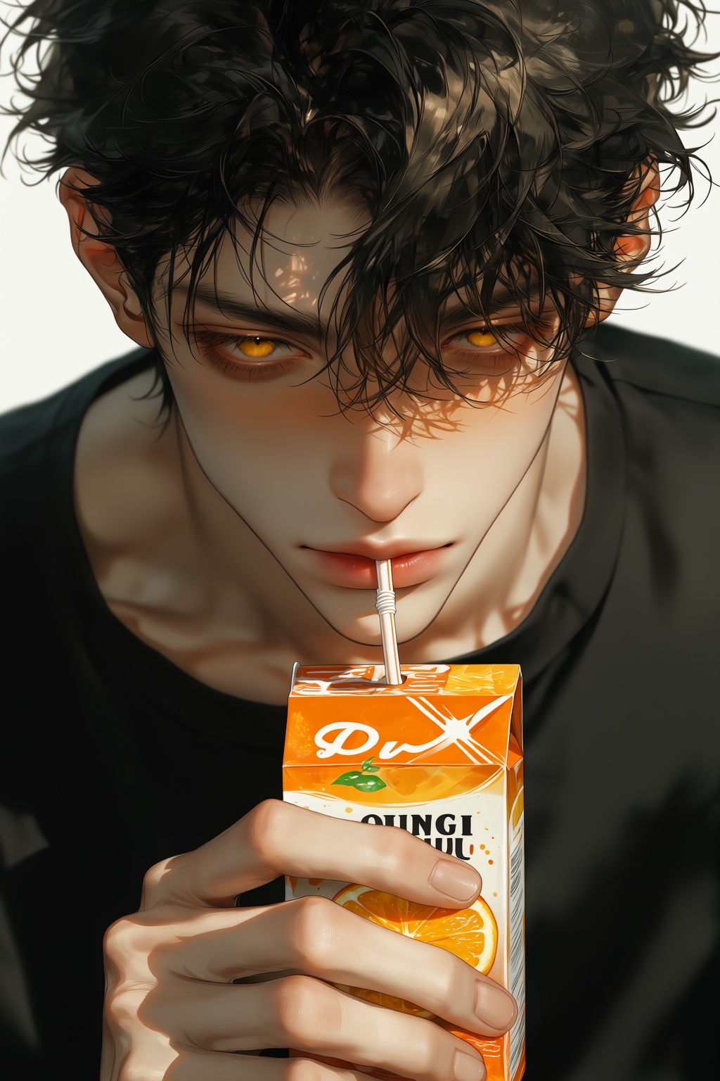 highres,  absurdres,  P41M0NK1 A young man with tousled dark hair and golden eyes sips from an orange juice carton through...