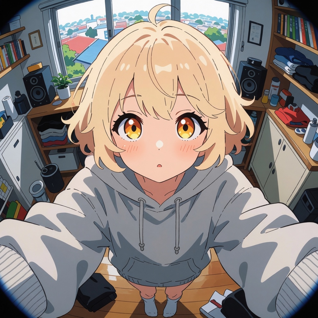 Anime style,  1girl,  A fisheye lens perspective looking up at a cute anime-style girl with wide on Tensor.Art