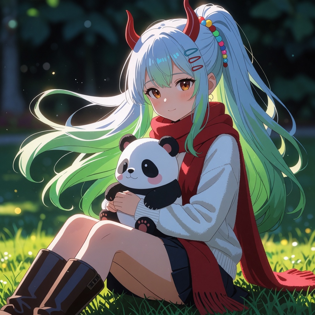 A young girl with a medium bust,  wearing a white long-sleeved sweater,  a long red scarf on Tensor.Art