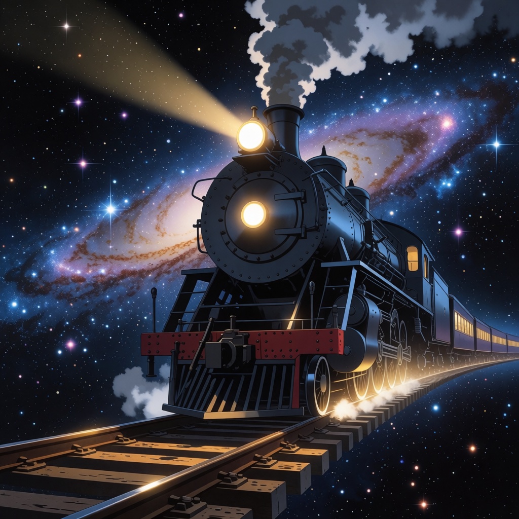 A legendary vehicle,  a steam locomotive running on rails in space,  its headlights illuminating the tracks and smoke comi...