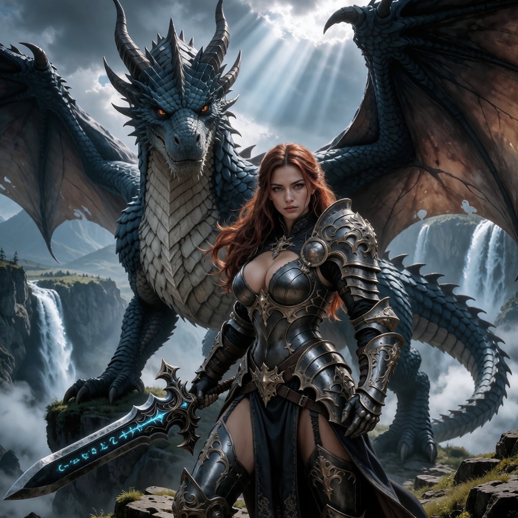 A dramatic,  high-fidelity fantasy digital painting depicting a powerful female warrior and her colossal blue dragon compa...