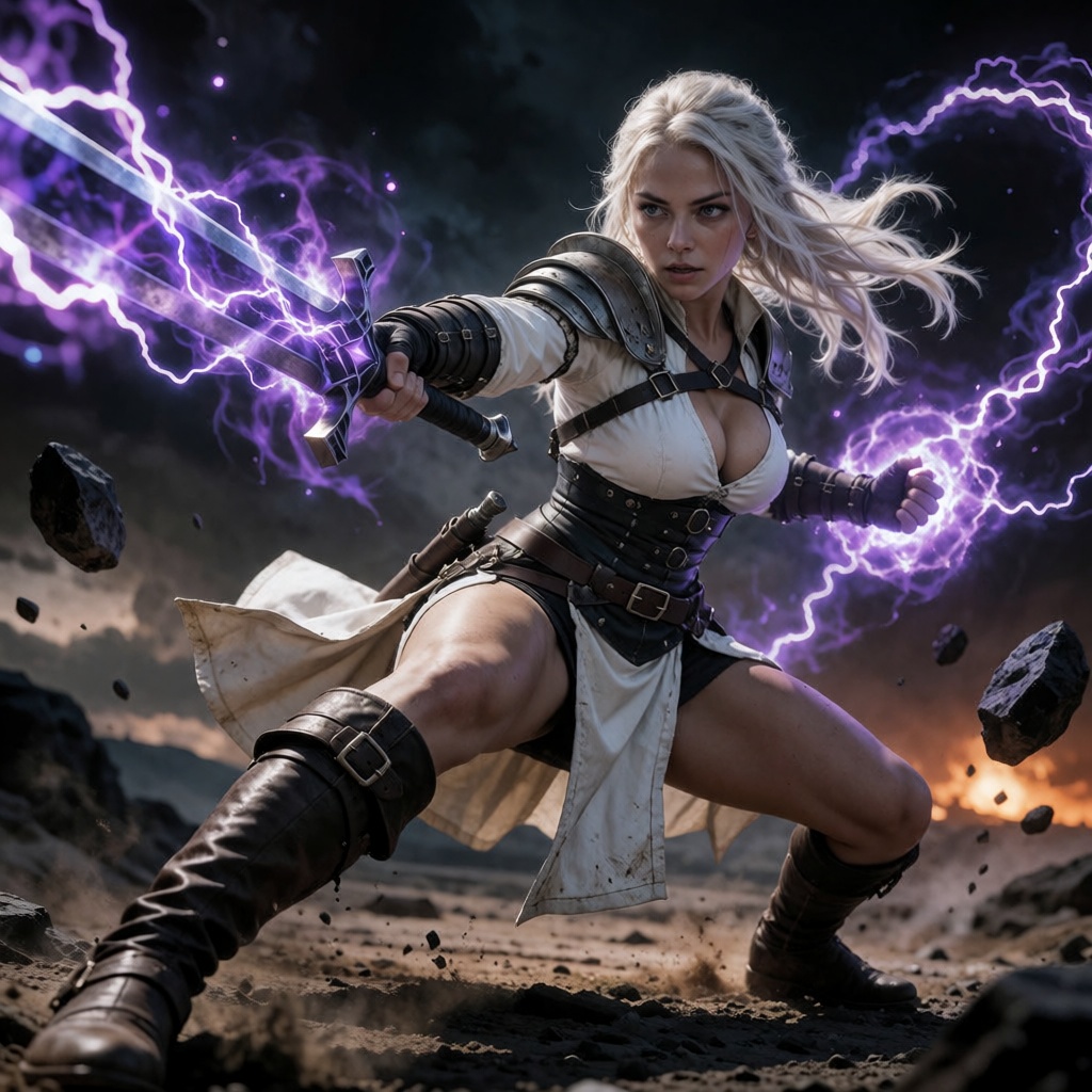 A low-angle cinematic photograph of a female warrior with flowing platinum-blonde hair in an aggressive fight stance. The...