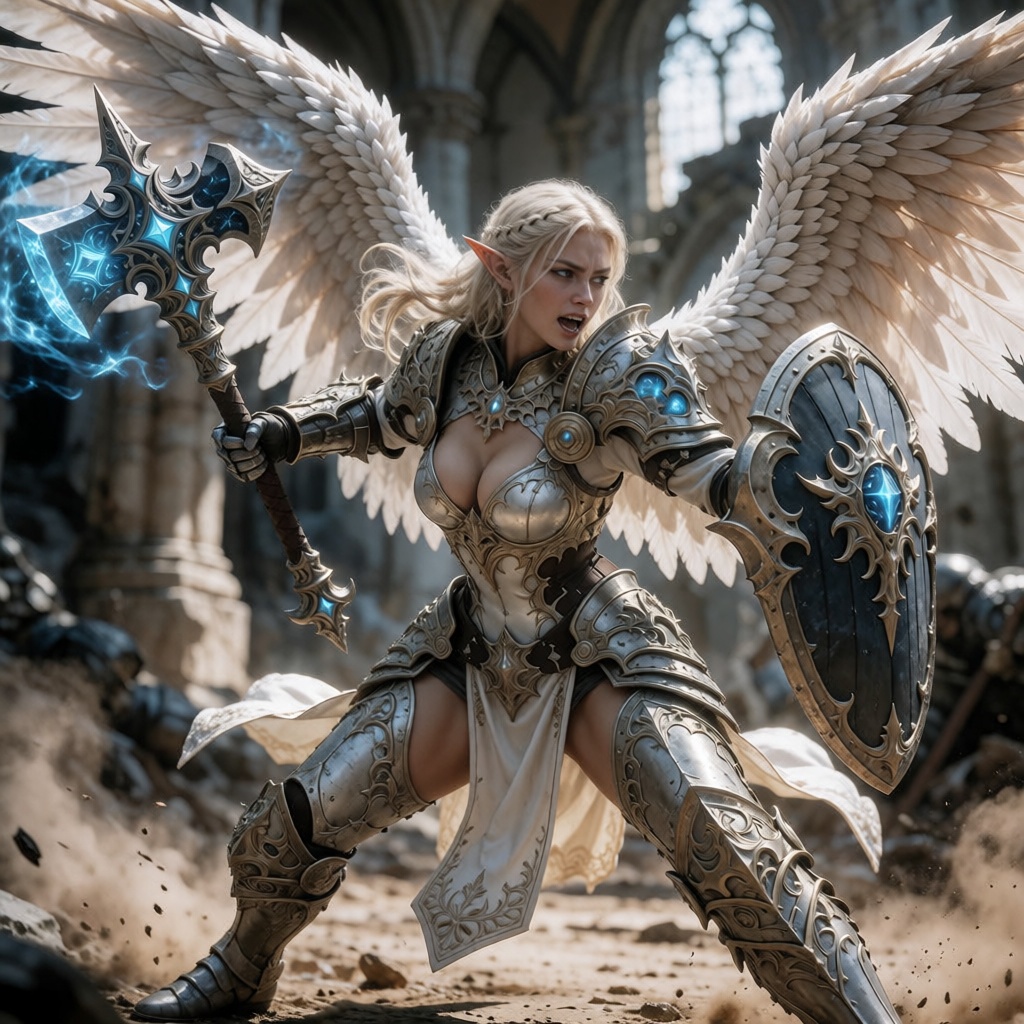 High-resolution 8k cinematic photograph capturing an elven warrior with large white feathered wings,  frozen in a fierce d...