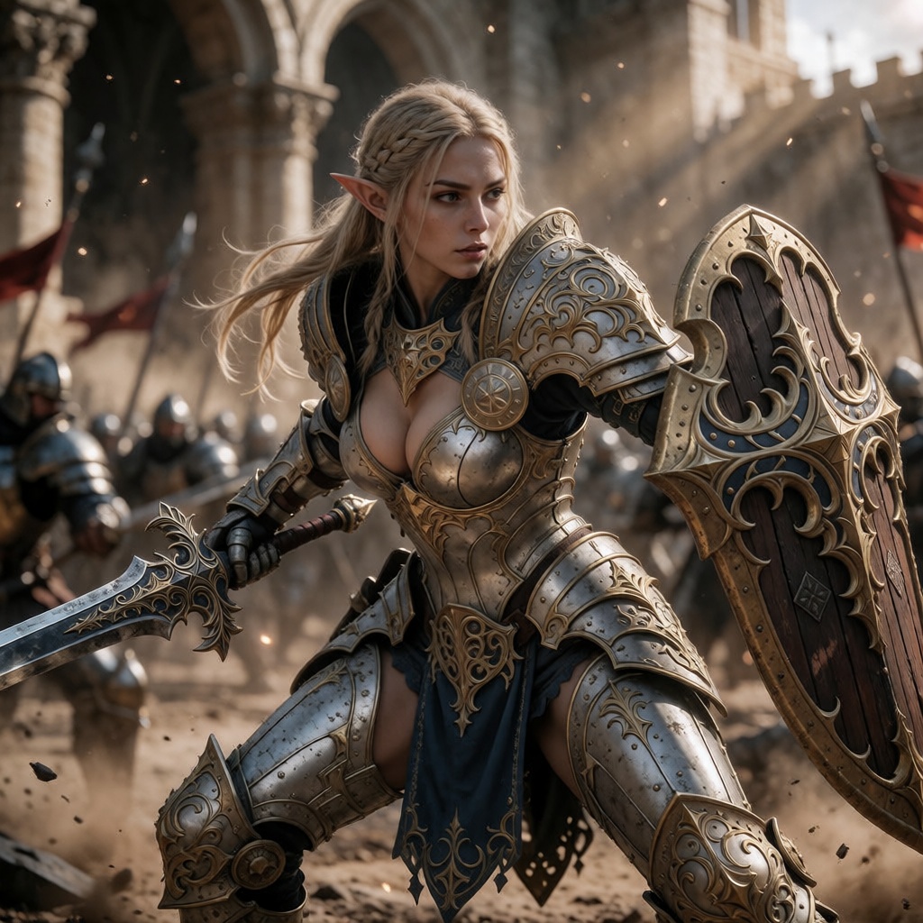 An 8k resolution,  low-angle cinematic photograph capturing an elven paladin bracing for battle in a war-torn ancient city...