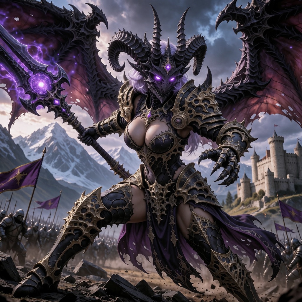 A sweeping,  epic high-fantasy digital painting of a powerful female demonic overlord in a dynamic battle-ready stance. Th...