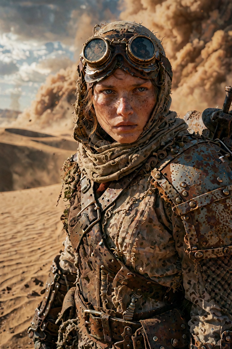 An ultra-extensive,  hyper-detailed live-action cinematic portrait of a rugged post-apocalyptic desert survivor standing a...