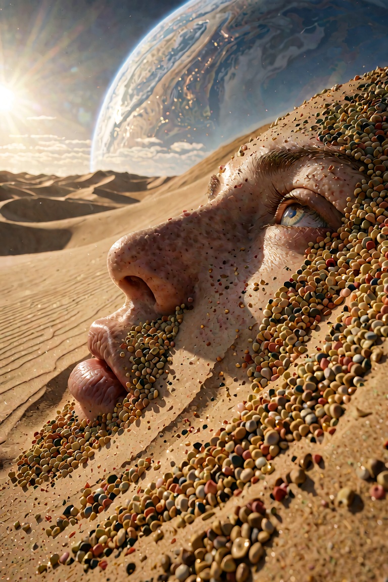 An ultra-extensive,  hyper-detailed surrealist photography of a majestic human face emerging from a massive sand dune in a...