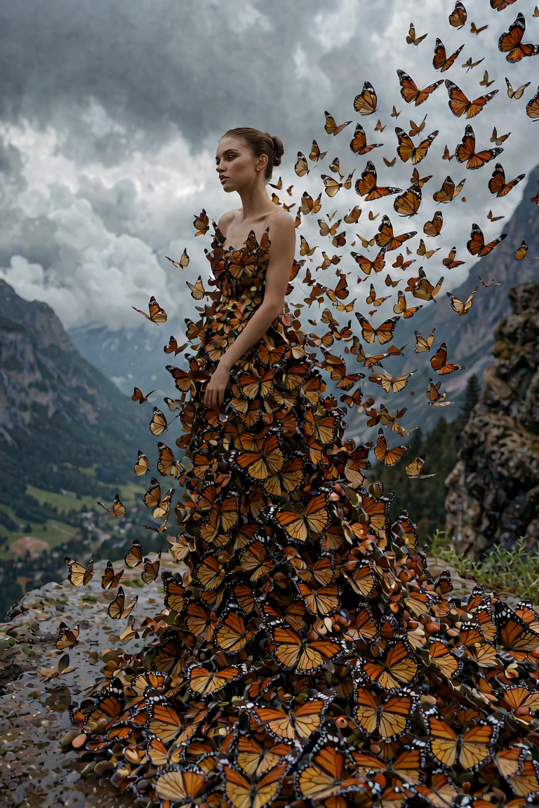 An ultra-extensive,  hyper-detailed high-fashion surrealist photography of a haute couture model standing on a lone cliff...