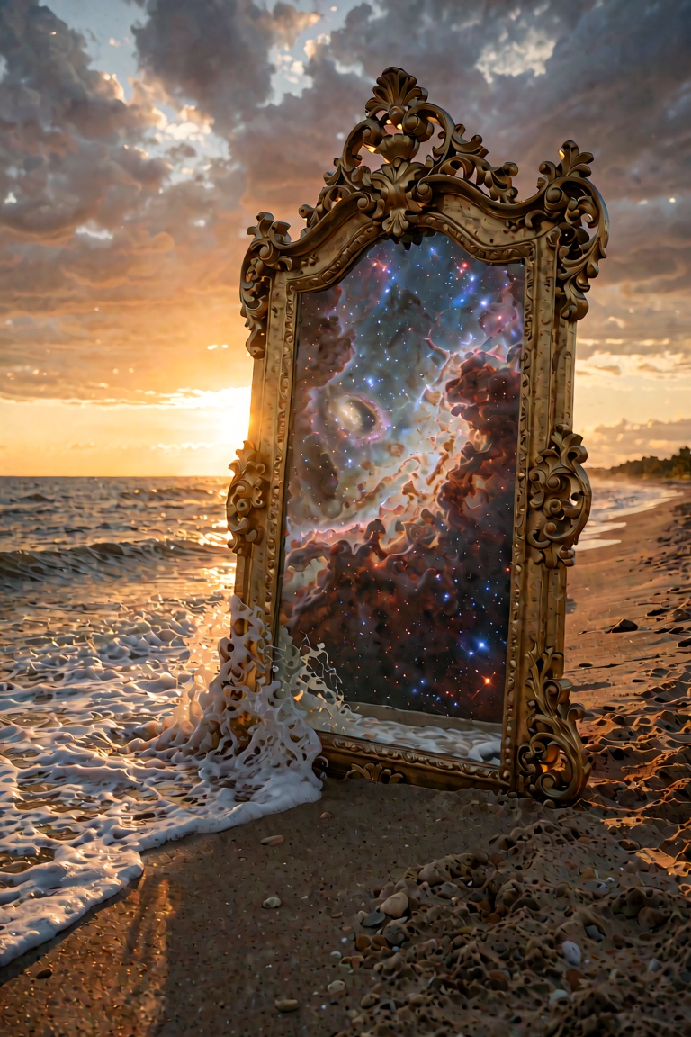 An ultra-extensive,  hyper-detailed surrealist photography of a massive,  ornate baroque gold-framed mirror standing lonel...