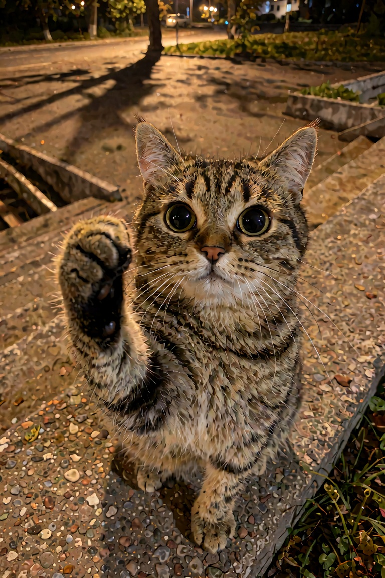 An ultra-extensive,  hyper-detailed real-life photography of an adorable tabby cat sitting on a concrete ledge outdoors at...