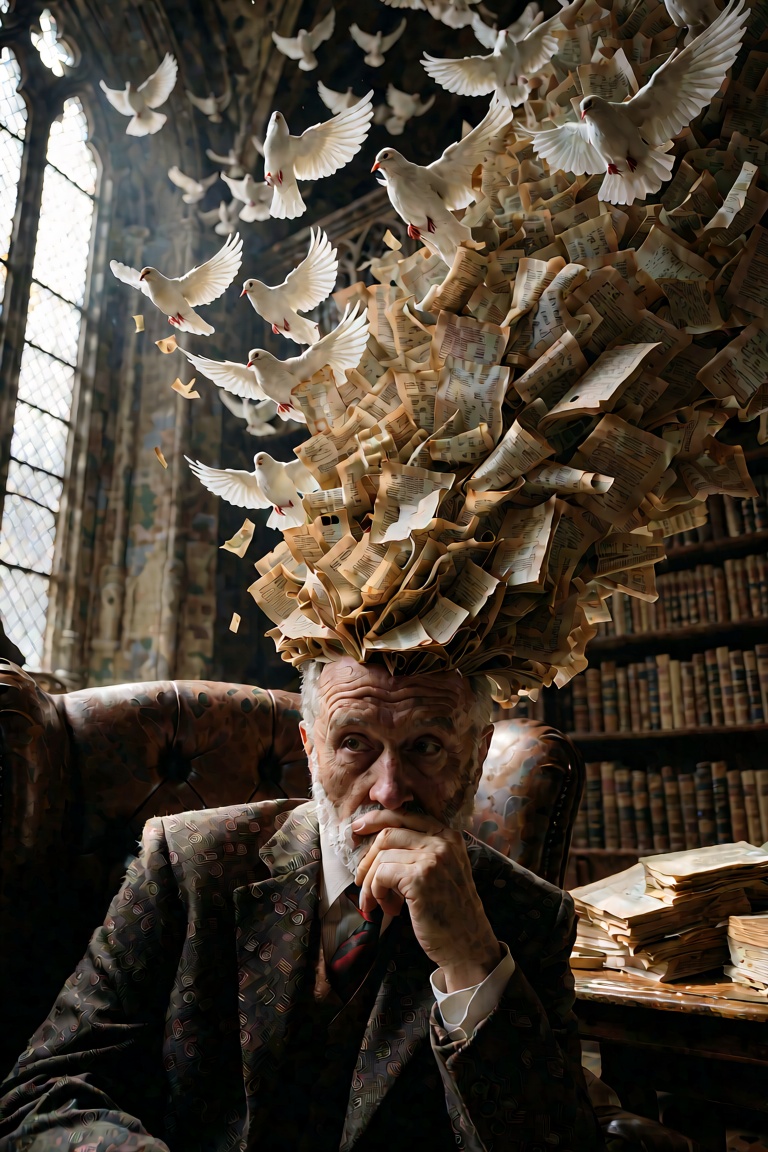 An ultra-extensive,  hyper-detailed surrealist photography of a thoughtful man sitting in a dark leather armchair inside a...
