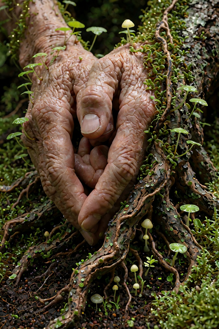 An ultra-extensive,  hyper-detailed macro surrealist portrait focusing entirely on a pair of weathered human hands locked...