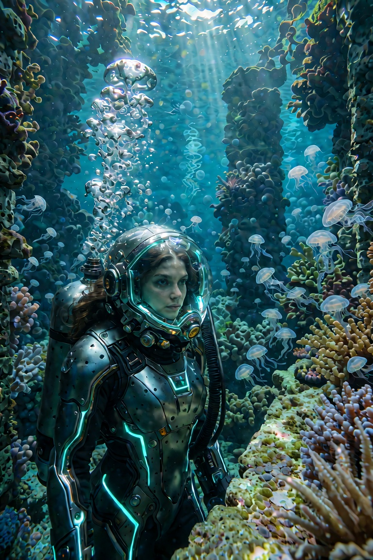 An ultra-extensive,  hyper-detailed live-action cinematic underwater portrait of a deep-sea explorer discovering the sunke...