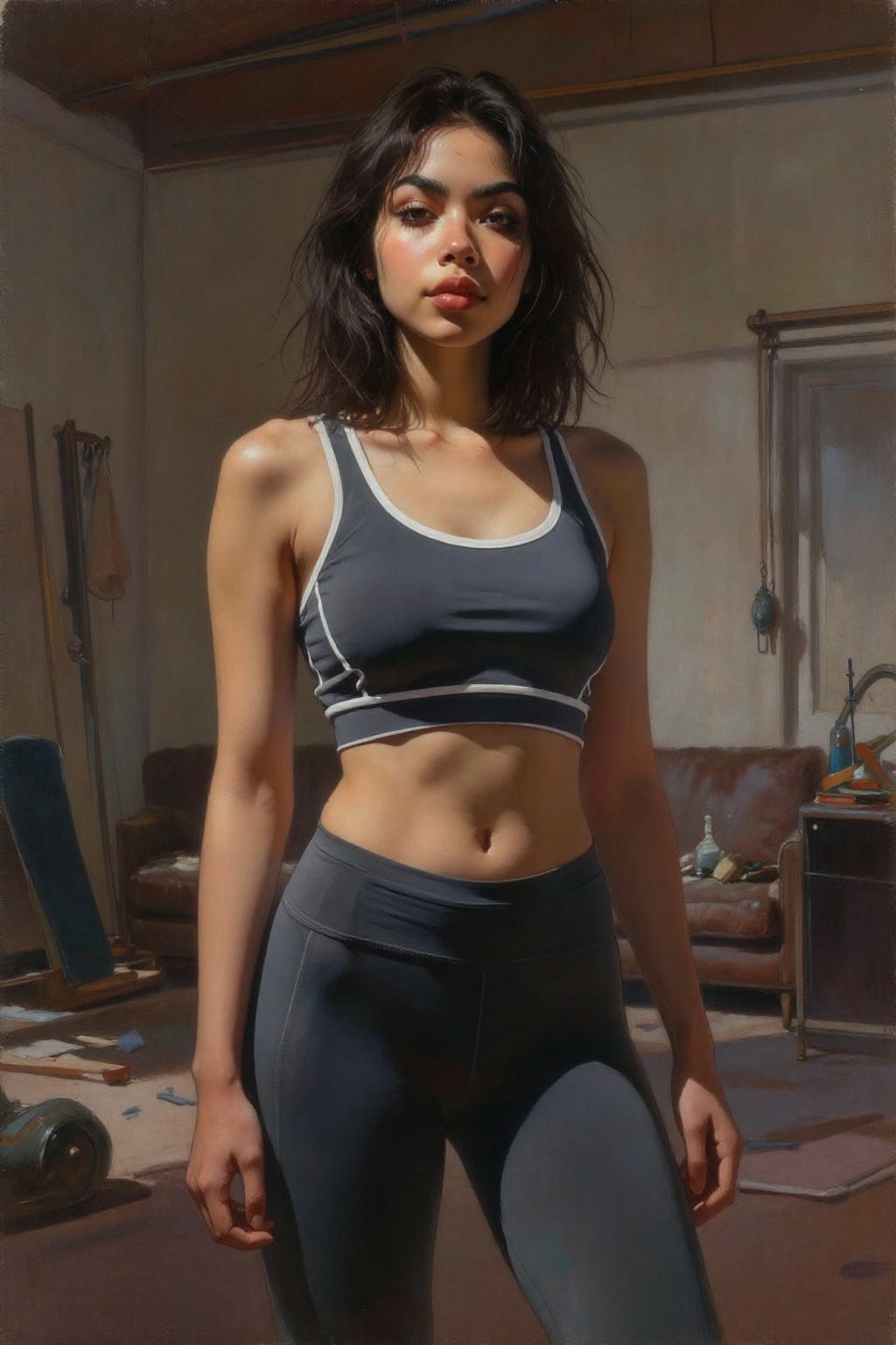 detailed matte tempera painting featuring a young woman,  eye-level medium-shot,  captured under soft atmospheric warm ind...