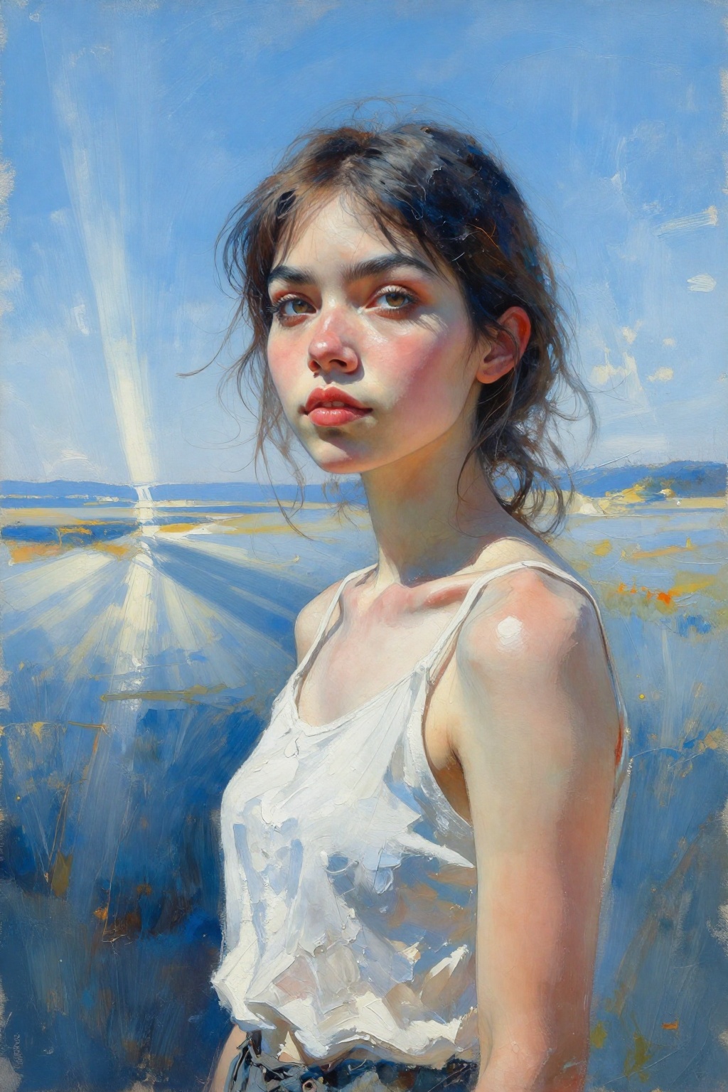 detailed gouache painting featuring a young woman,  focus on the face,  calm gaze forward and to the side on Tensor.Art