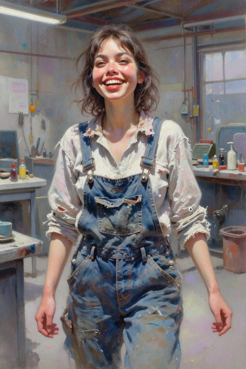 detailed gouache painting featuring a young woman as a mechanic dressed in worn overalls and torn unwashed shirt,  laughin...
