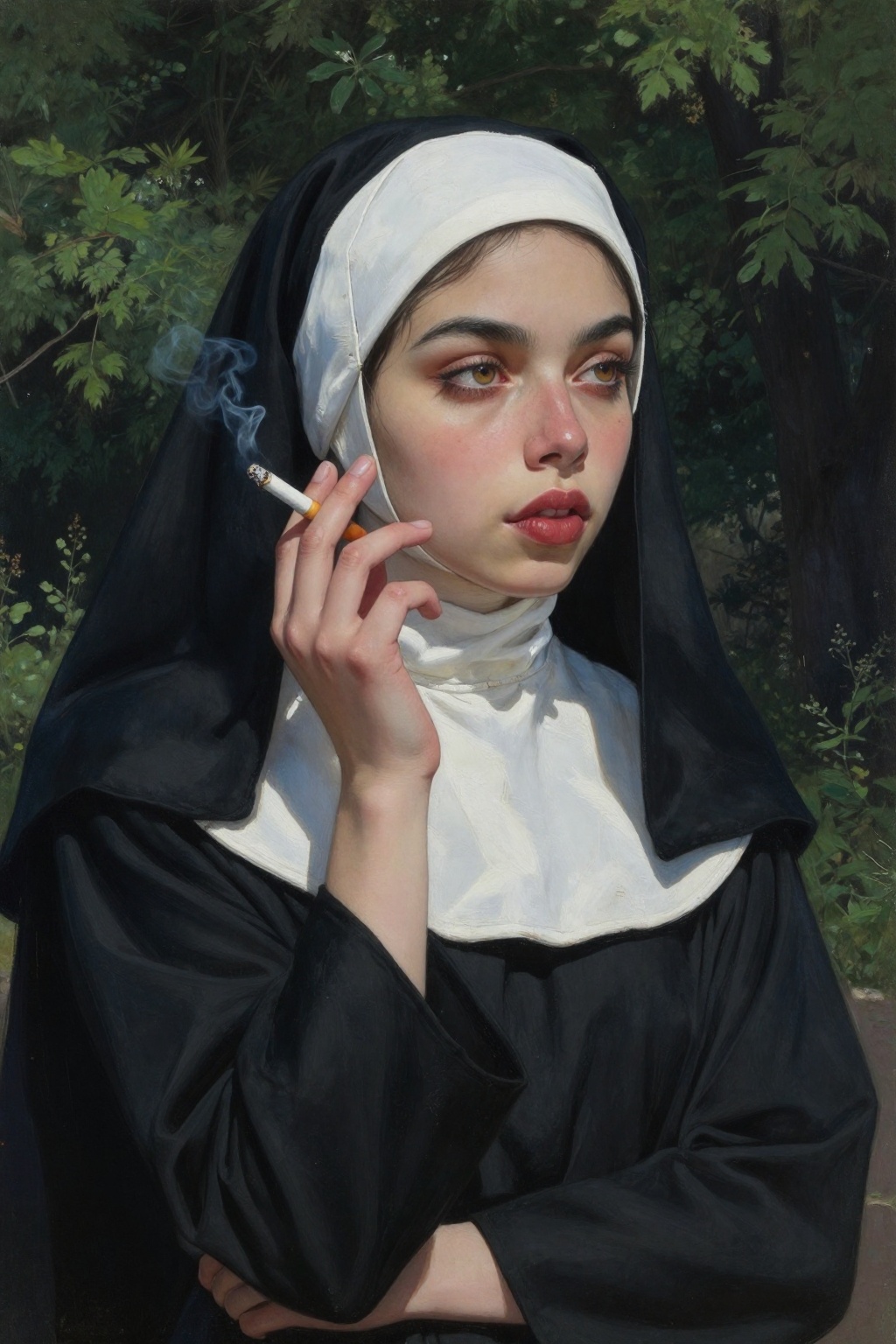detailed gouache painting featuring a young woman in a black and white nun's habit,  gazing pensively off-camera. She hold...