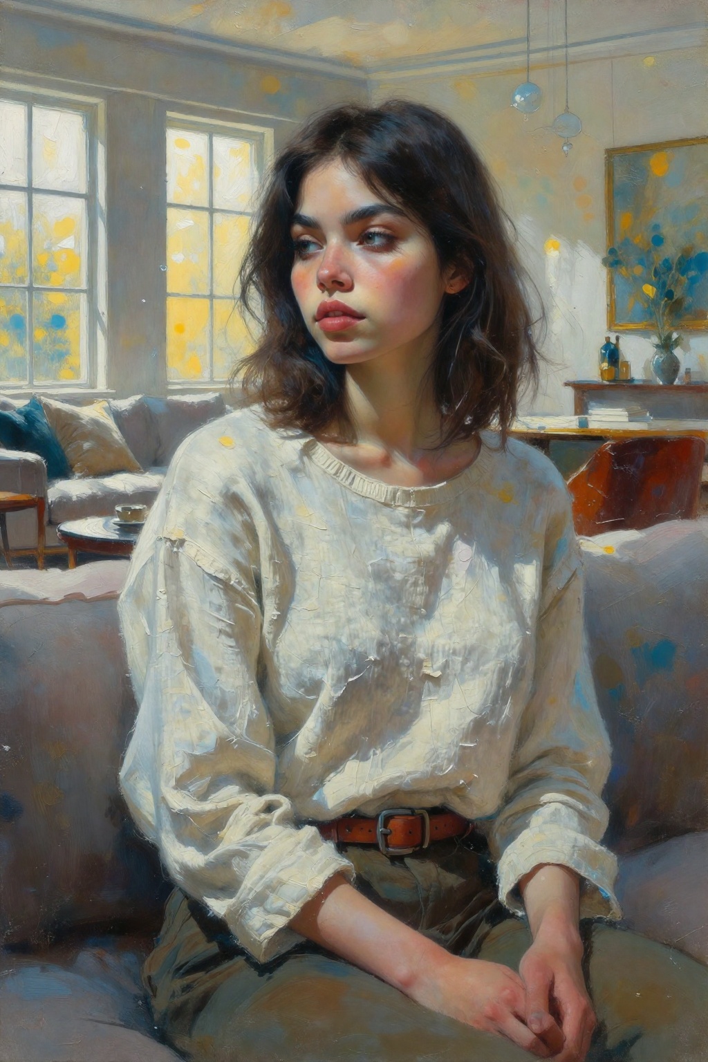 detailed gouache painting featuring a young woman in her comfy living room,  sitting on the couch,  wearing a cleanly-pres...