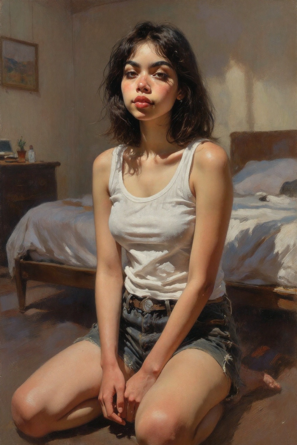 detailed gouache painting featuring a young woman,  eye-level medium-shot,  captured under soft atmospheric warm indoor li...