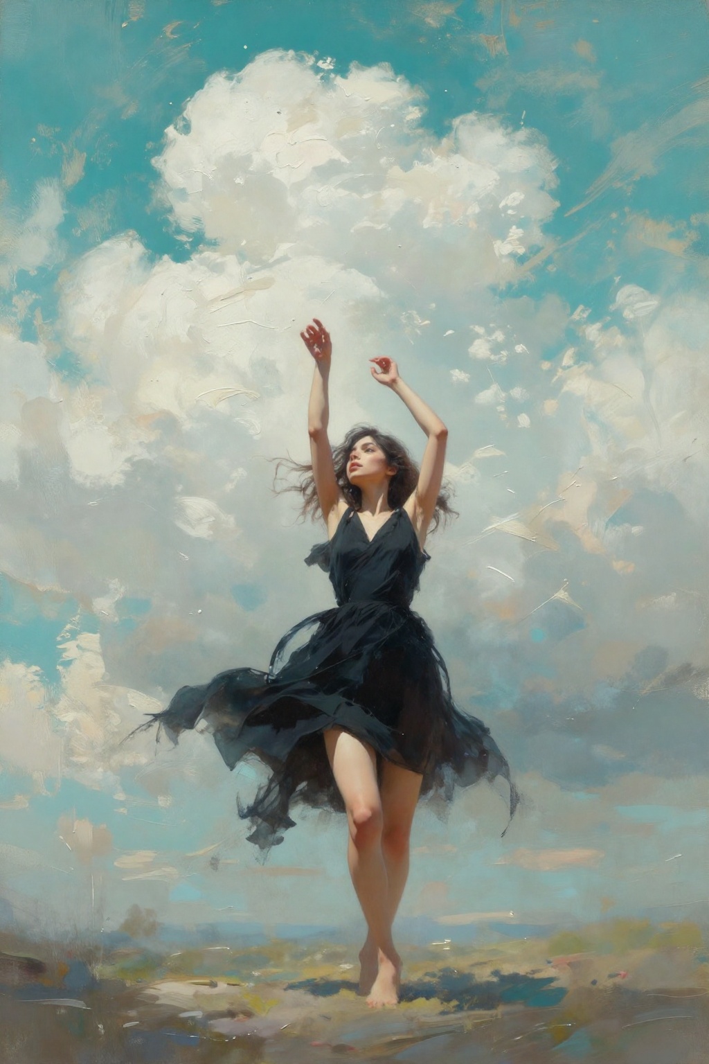 detailed gouache painting featuring a young woman lifting her arms up,  wearing a black dress,  asymmetrical dress on Tens...