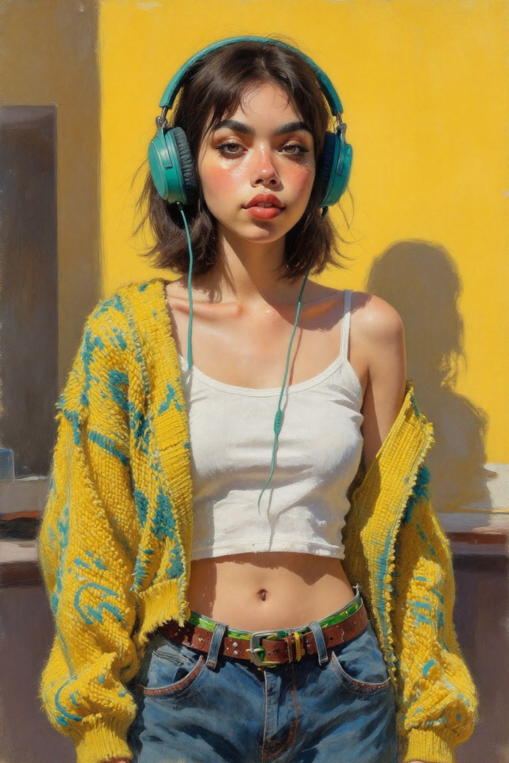 detailed gouache painting featuring a young woman,  eye-level medium-shot,  captured under soft atmospheric warm indoor li...