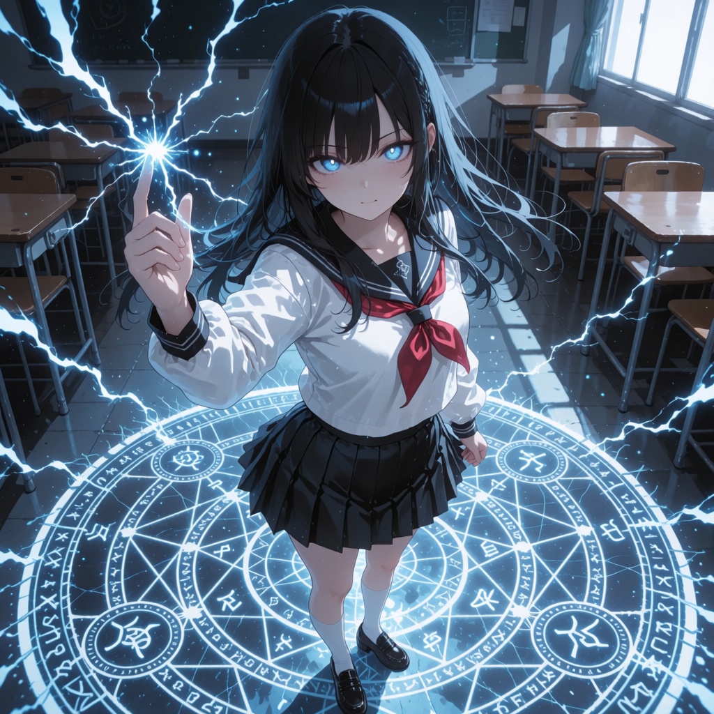 An anime-style schoolgirl with long black hair and glowing blue eyes stands inside a classroom,  surrounded by a glowing m...