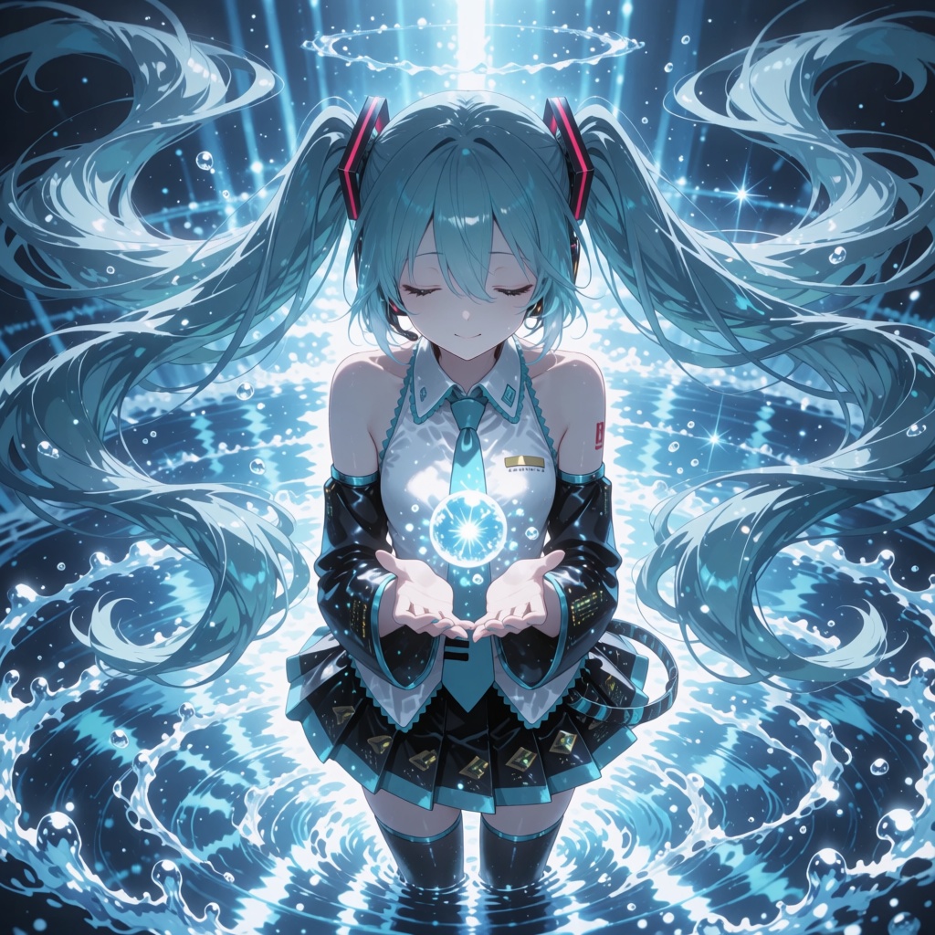 An ethereal anime-style girl with long teal twin-tails flowing gracefully in all directions,  standing in a radiant,  glow...