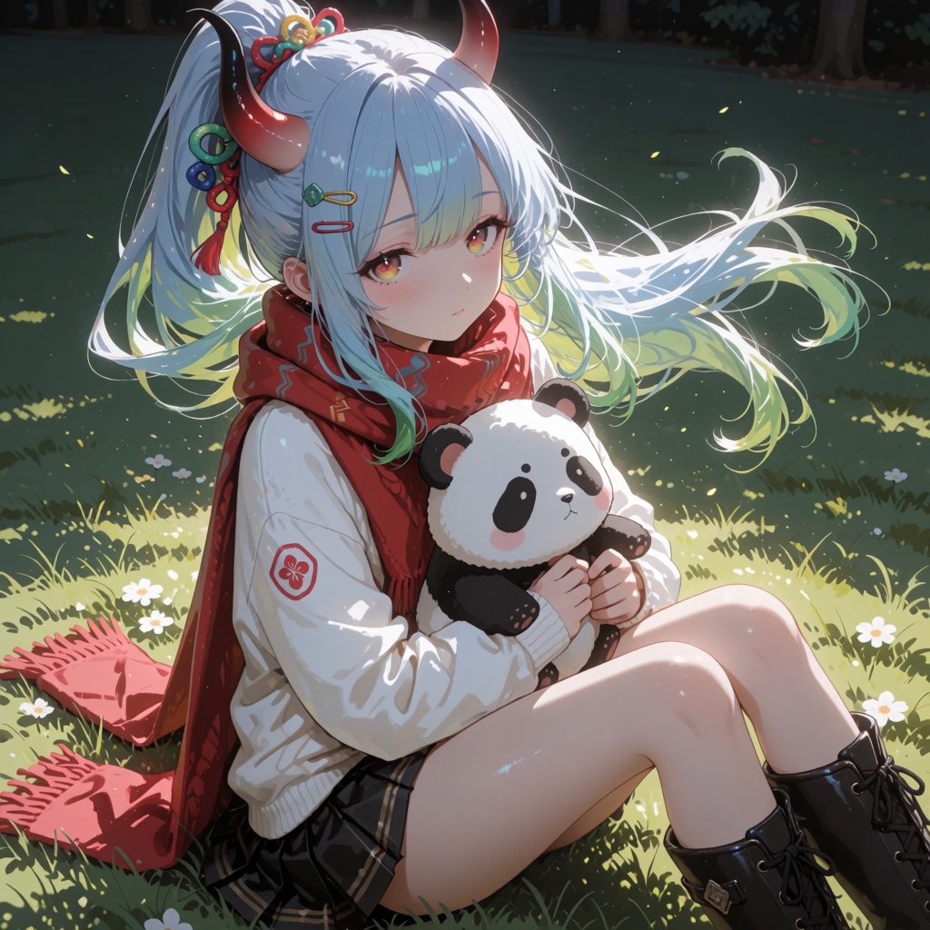 A young girl with a medium bust,  wearing a white long-sleeved sweater,  a long red scarf on Tensor.Art
