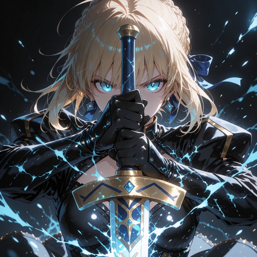 A close-up anime illustration of a fierce blonde warrior girl holding a glowing sword with both hands. She is Saber from f...