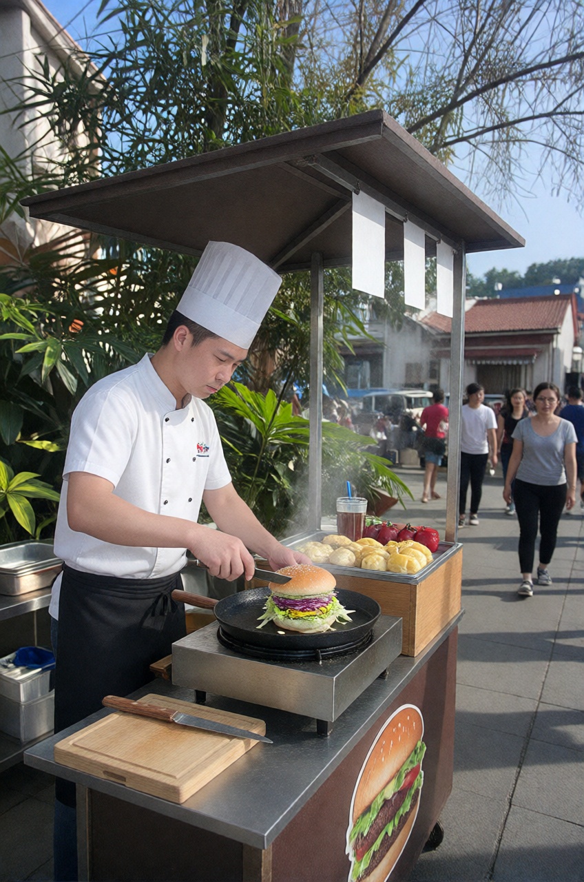 close-up of a chef cooking burger at burger stall on walkway,  shadow foliage,  sunlight. town crisp detail on Tensor.Art