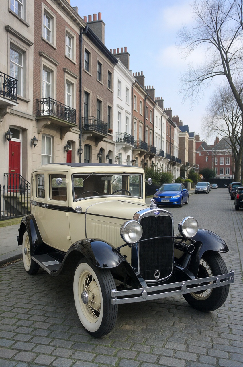 Subject: A restored vintage 1920s or early 1930s classic automobile featuring a two-tone cream and black body with promine...