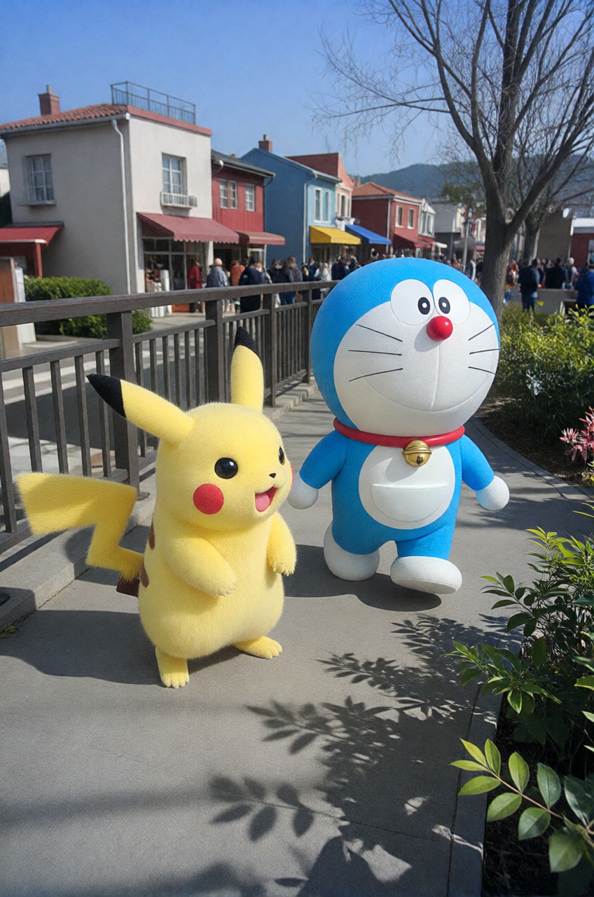 pikachu and doraemon walking on walkway,  shadow foliage,  sunlight. town crisp detail on Tensor.Art
