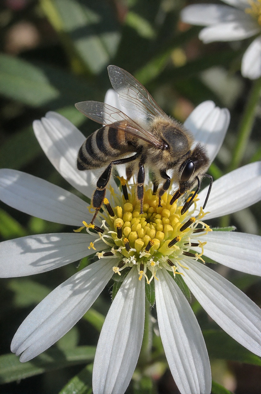 extreme macro close-up of bee on a flower,  shadow foliage,  sunlight. crisp detail on Tensor.Art