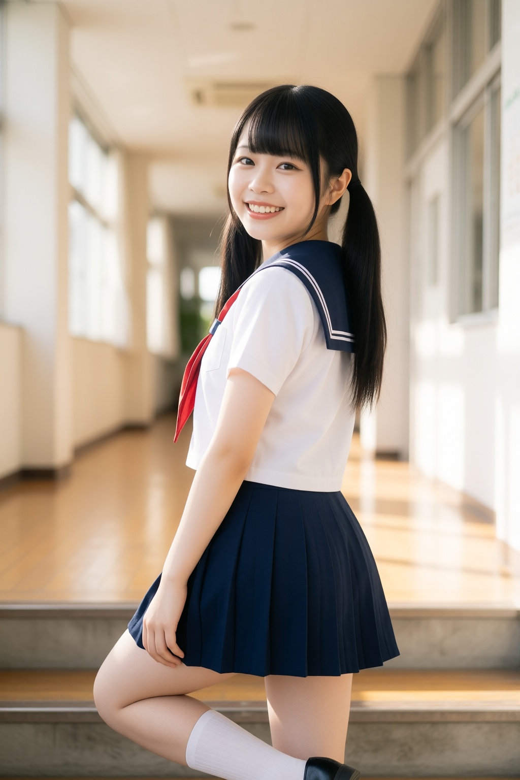 A vibrant,  youthful Japanese-style portrait of a 16-year-old East Asian girl. She has low twin tails in sleek black hair,...