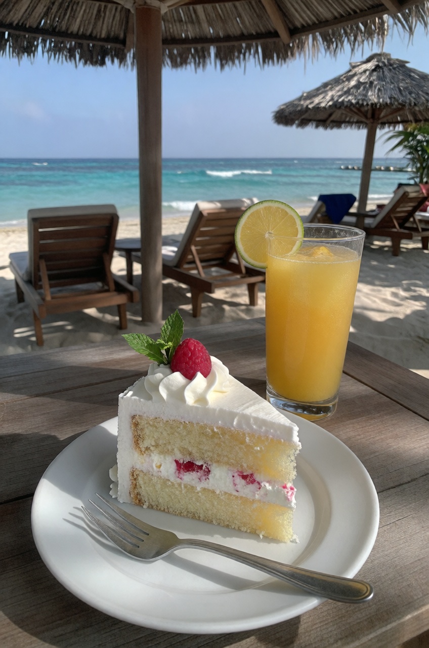 a slice of cake in a plate with orange juice on the table near a beach on Tensor.Art