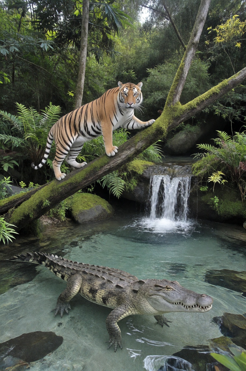 tiger on the falling tree,  large crocodile in the water,  mossy forest on Tensor.Art