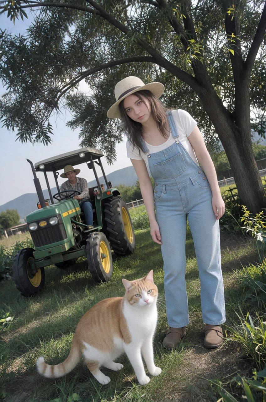 cat,  young woman,  counctry side on Tensor.Art